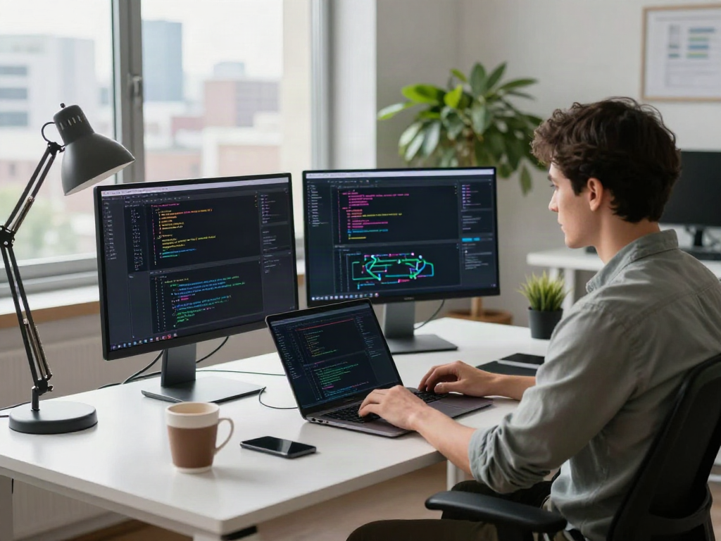 v2rayN官网 development workspace with multiple screens and coding activity.