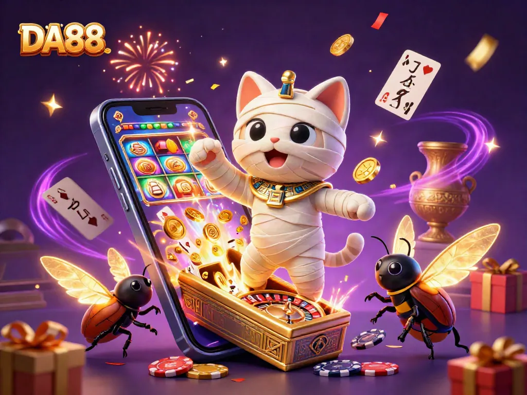 Experience thrilling gaming with DA88, featuring a vibrant pyramid casino scene with an Egyptian mummy cat and dynamic gaming elements.