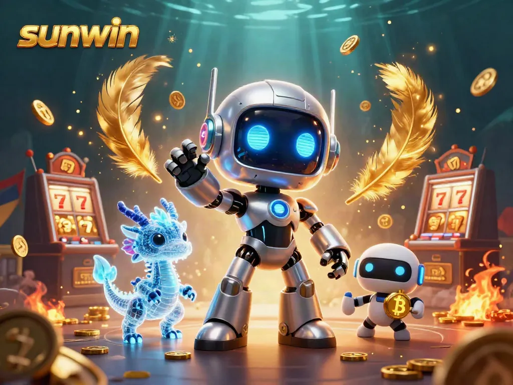 Play thrilling games at sunwin with a cyberpunk robot and bitcoin-themed illustration, showcasing vibrant energy and excitement.