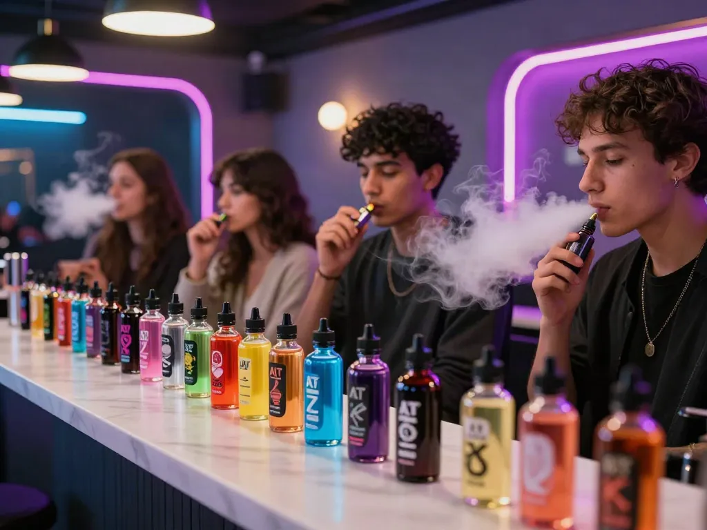 Group enjoying Alt Zero E-Liquid in a vibrant vape lounge.