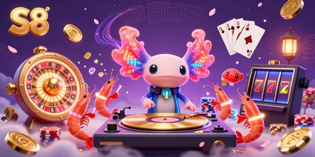 S8's vibrant 3D casino scene with an axolotl DJ and glowing shrimp amidst dynamic gaming elements.