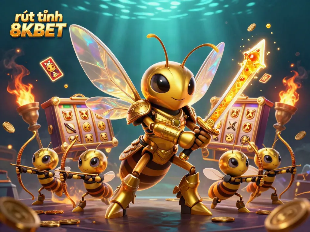 Experience seamless rút tiền 8KBET through a vibrant casino-themed digital illustration with a giant golden hornet and bee archers.
