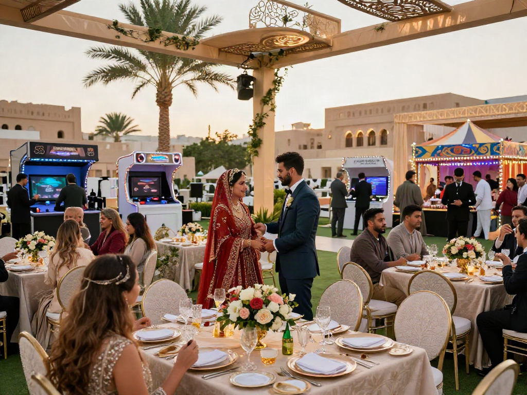 Event rental KSA scene featuring a luxurious outdoor wedding setup with elegant decor and entertainment.