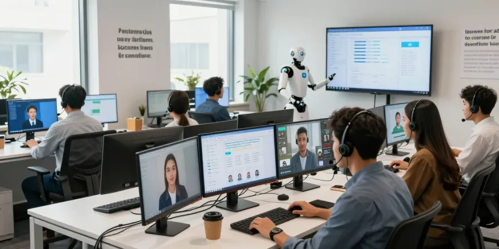 AI customer support agents efficiently assisting clients in a modern office environment.