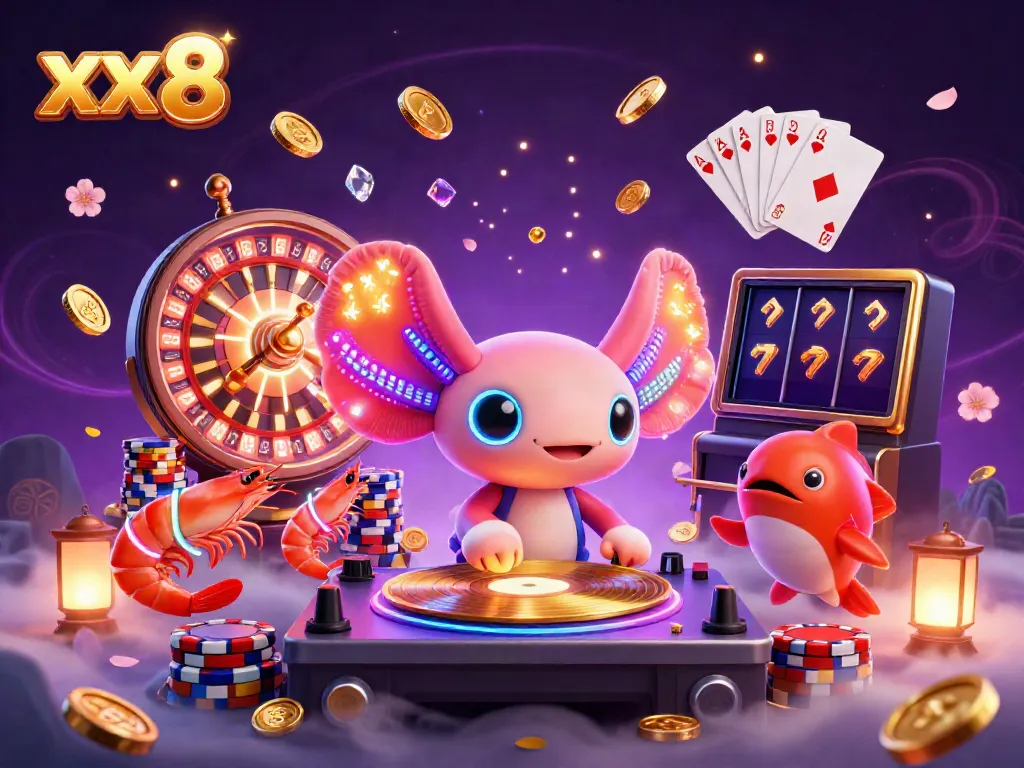 Experience the vibrant world of xx 8 with a neon axolotl DJ, stunning casino visuals.