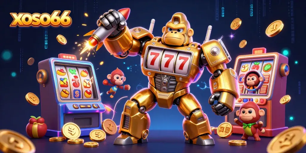 Experience the excitement of xoso66 with a dynamic, vibrant casino scene featuring a mech and slot elements.