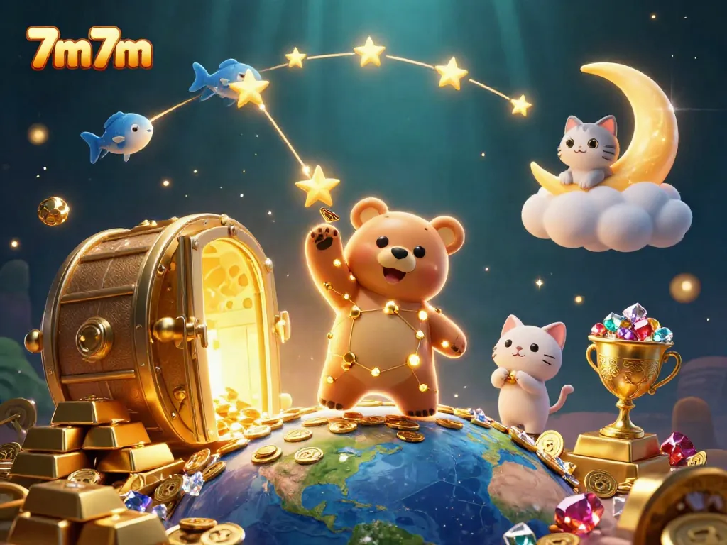 Experience the excitement of 7m7m with dynamic casino-themed characters and elements in a rich 3D scene.
