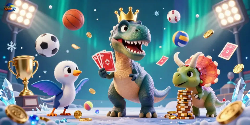 Place your bets and join the action at Trang chủ 88VBET, where playful dinosaurs shuffle cards in a vibrant casino scene.