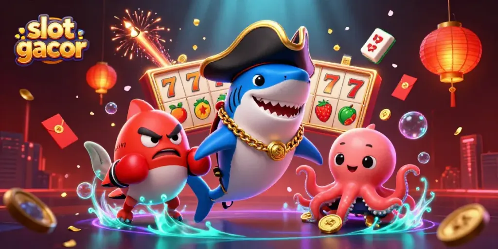 Engage in slot gacor fun with a pirate shark, pufferfish, and octopus surrounded by colorful game elements.