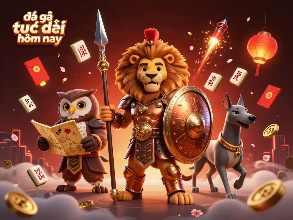 Engage in the excitement of đá gà trực tiếp hôm nay with a dynamic scene featuring a Spartan lion, tactical owl, and greyhound messenger.