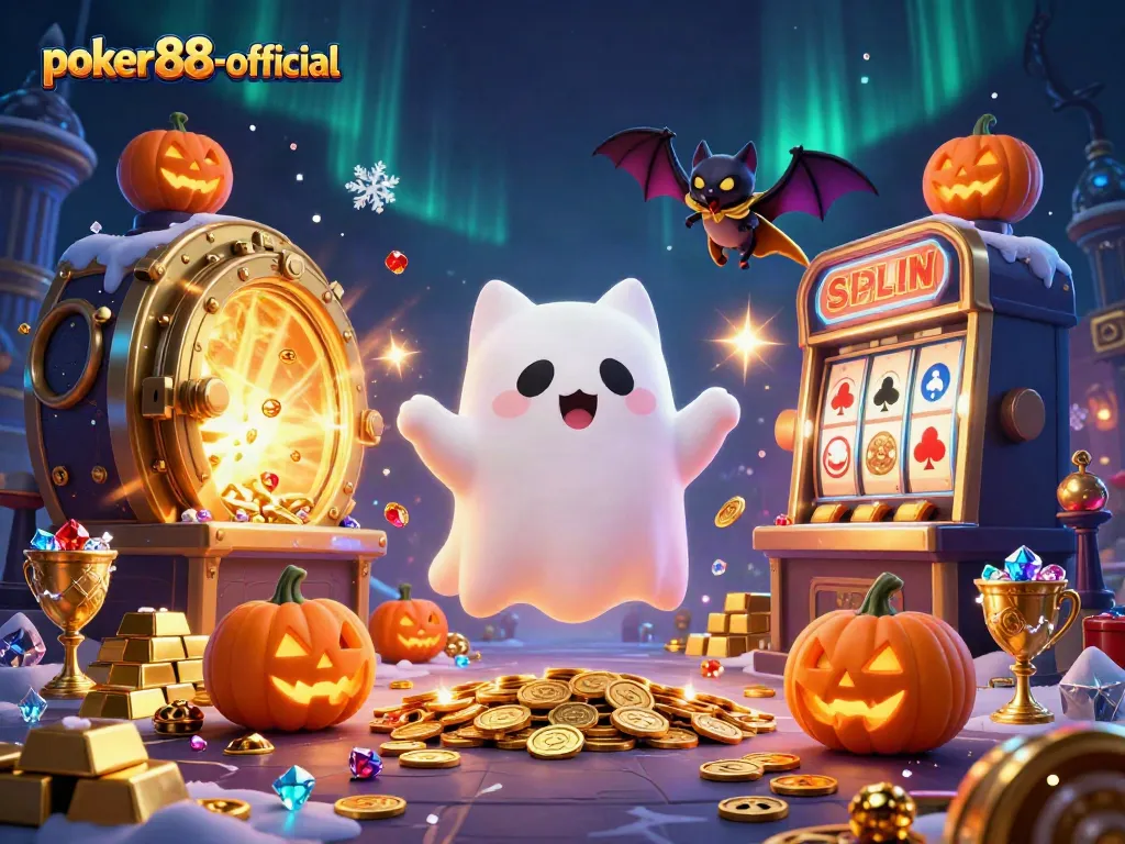 Engage with poker88-official in a vibrant haunted casino scene, featuring ghostly characters and glowing poker elements.