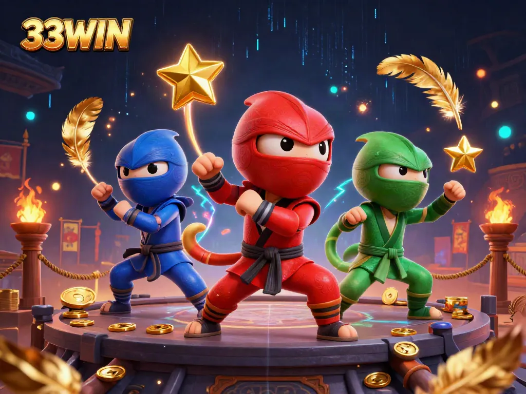 33WIN showcases ninja chameleons in action, emoting energy and excitement amidst floating coins and betting elements.