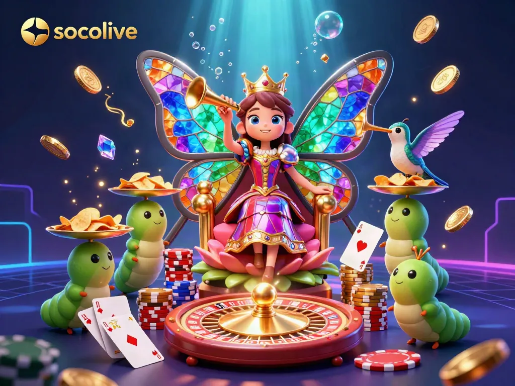 Socolive transforms sports betting excitement with a whimsical queen, chips, and coins in an engaging illustration.