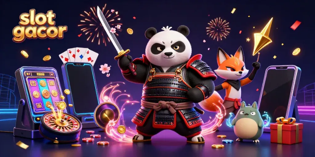 Engage with slot gacor through a vibrant illustration of samurai panda, ninja fox, and magical tanuki.