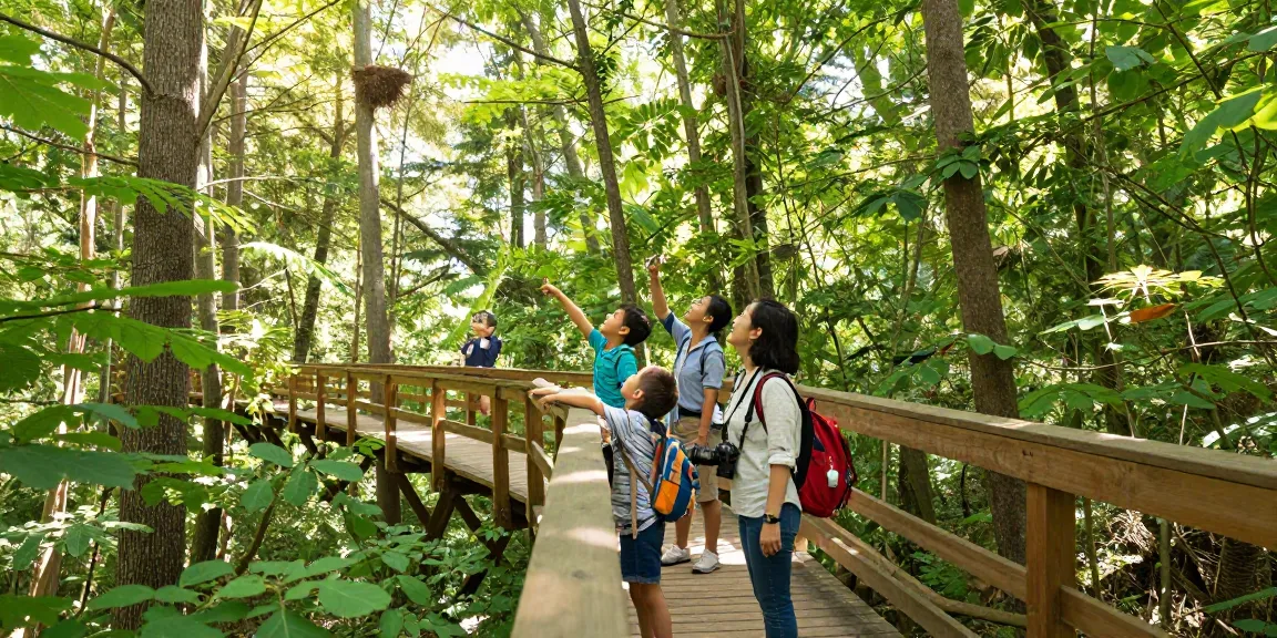 Treetop Walkway experience with family enjoying the view among treetops in a forest setting.