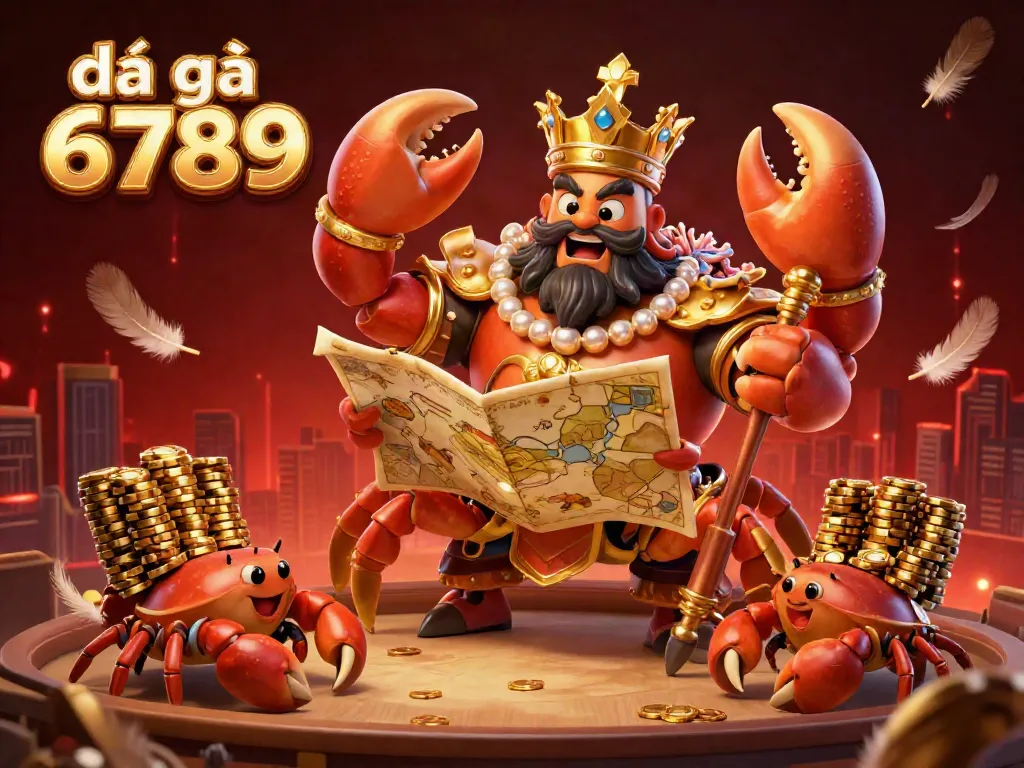 Experience the thrill of đá gà 6789 with a dynamic golden crab emperor and gaming elements in this vibrant illustration.