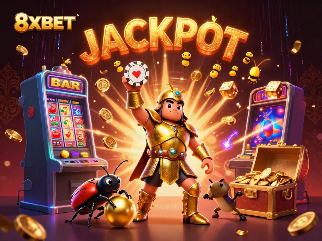 Experience the excitement of 8XBET with a dynamic 3D illustration celebrating jackpots and casino thrills.