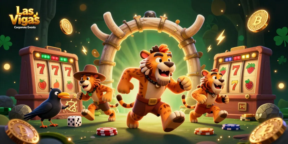 Engage in Las Vegas Corporate Events with exciting slot reels and casino characters in a vibrant 3D illustration.