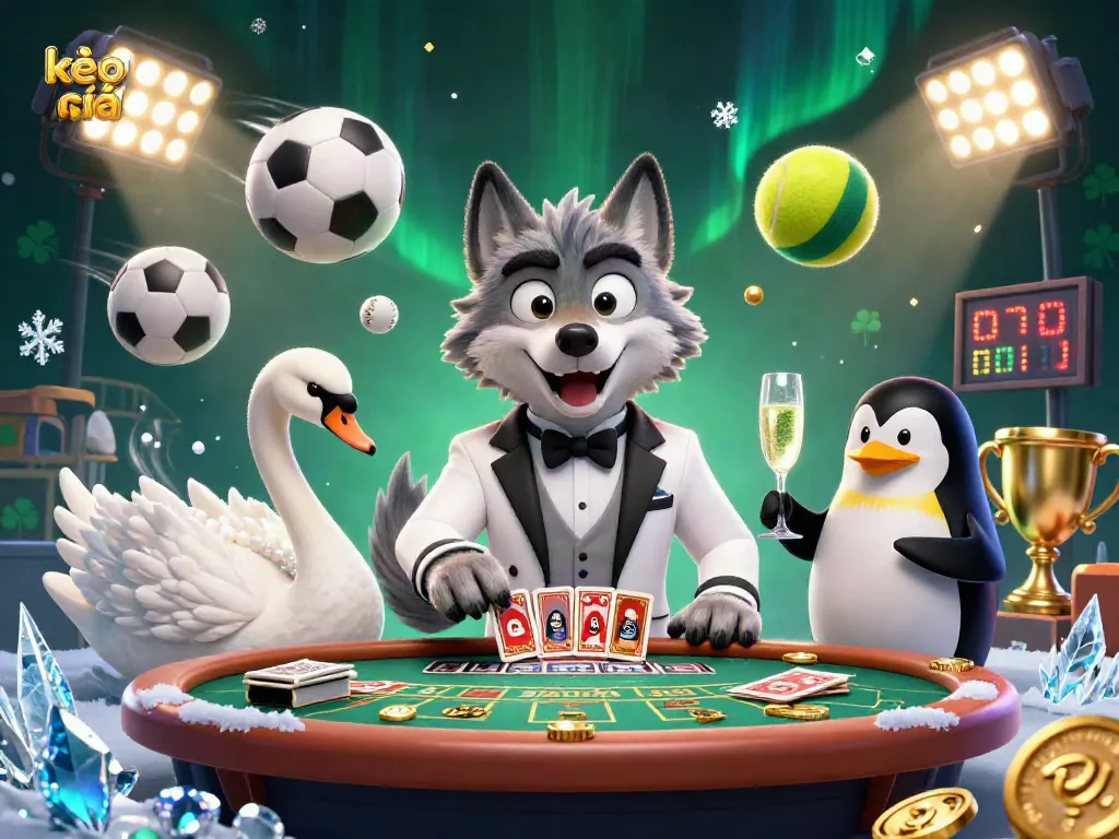 Bet on kèo nhà cái with an elegant scene featuring a debonair wolf and graceful swan dealing cards.