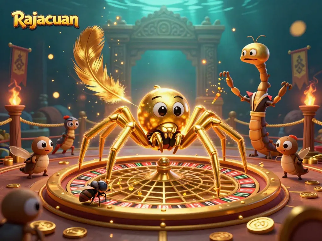 Experience thrilling bets at Rajacuan with a golden web roulette setup featuring engaging characters.