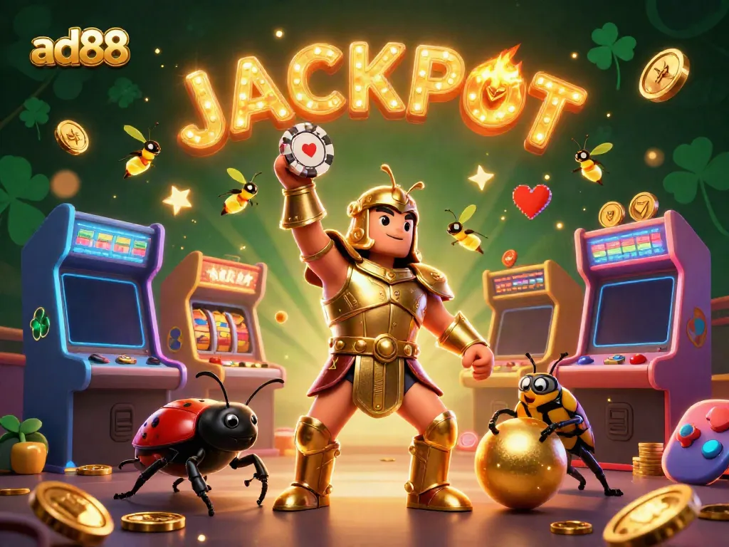 ad88's vibrant casino scene with cartoon beetles celebrating a jackpot amidst colorful gaming elements.