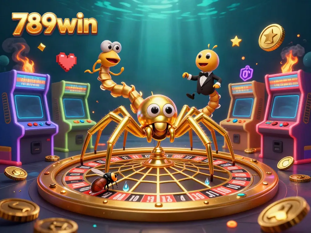 Engage with thrilling bets at 789win, where a golden spider spins a roulette wheel web amidst vibrant gaming elements.