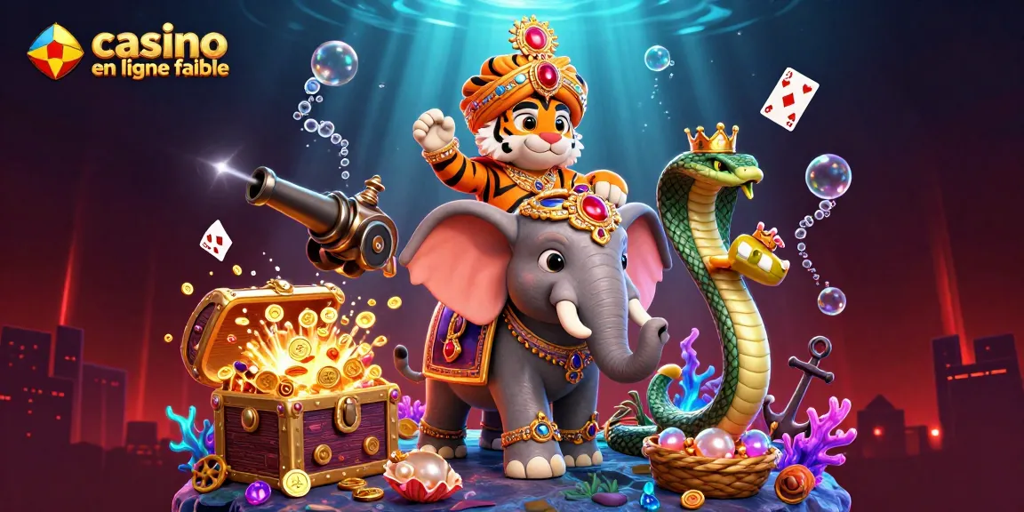 Une scène dynamique illustrant le casino en ligne fiable avec un tigre maharaja, un éléphant orné et un cobra, entourés de trésors sous-marins et de jeux de cartes.