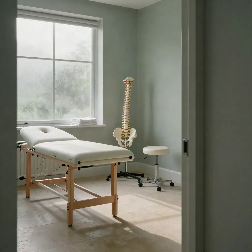 Moody chiropractic treatment room with adjustment table, spine model, and soft morning light.