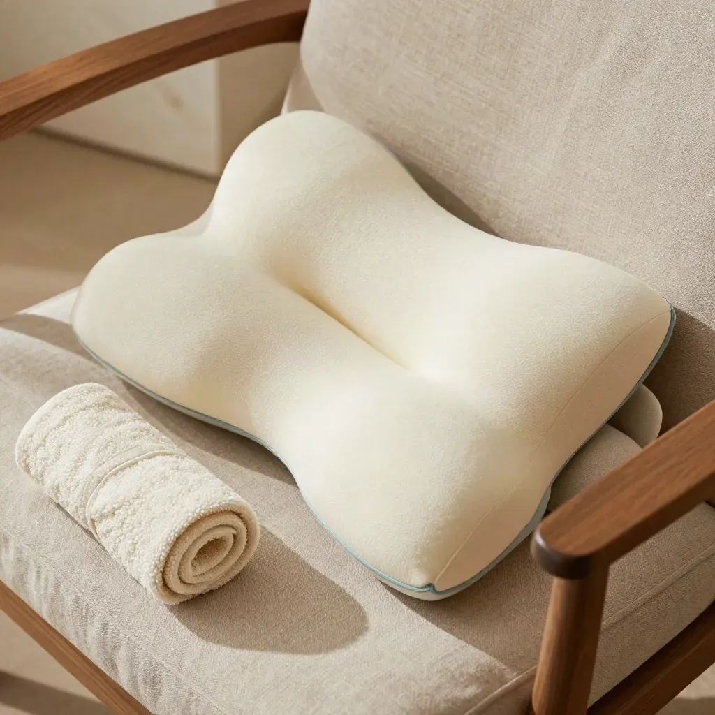 Cervical pillow, rolled towel, and foam neck wedge nestled on a linen sling chair in soft window light.