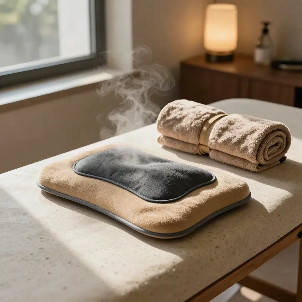 Warm lumbar cushion, steaming heat pack, and rolled towels on a travertine treatment bench.