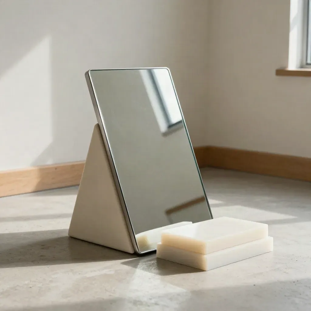 Posture check setup with mirror, wedge, and stacked blocks on pale concrete.