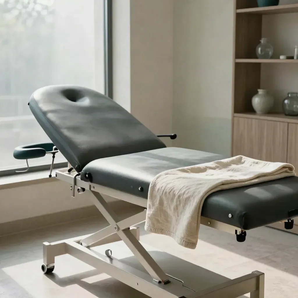 Empty chiropractic treatment room with a reset adjustment table, linens, and soft window light