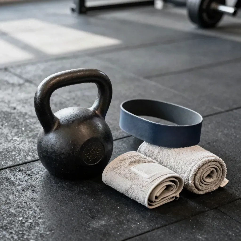 Gym rehab kit on a rubber mat: kettlebell, resistance band, shoulder wrap and towel beside a weight stack.