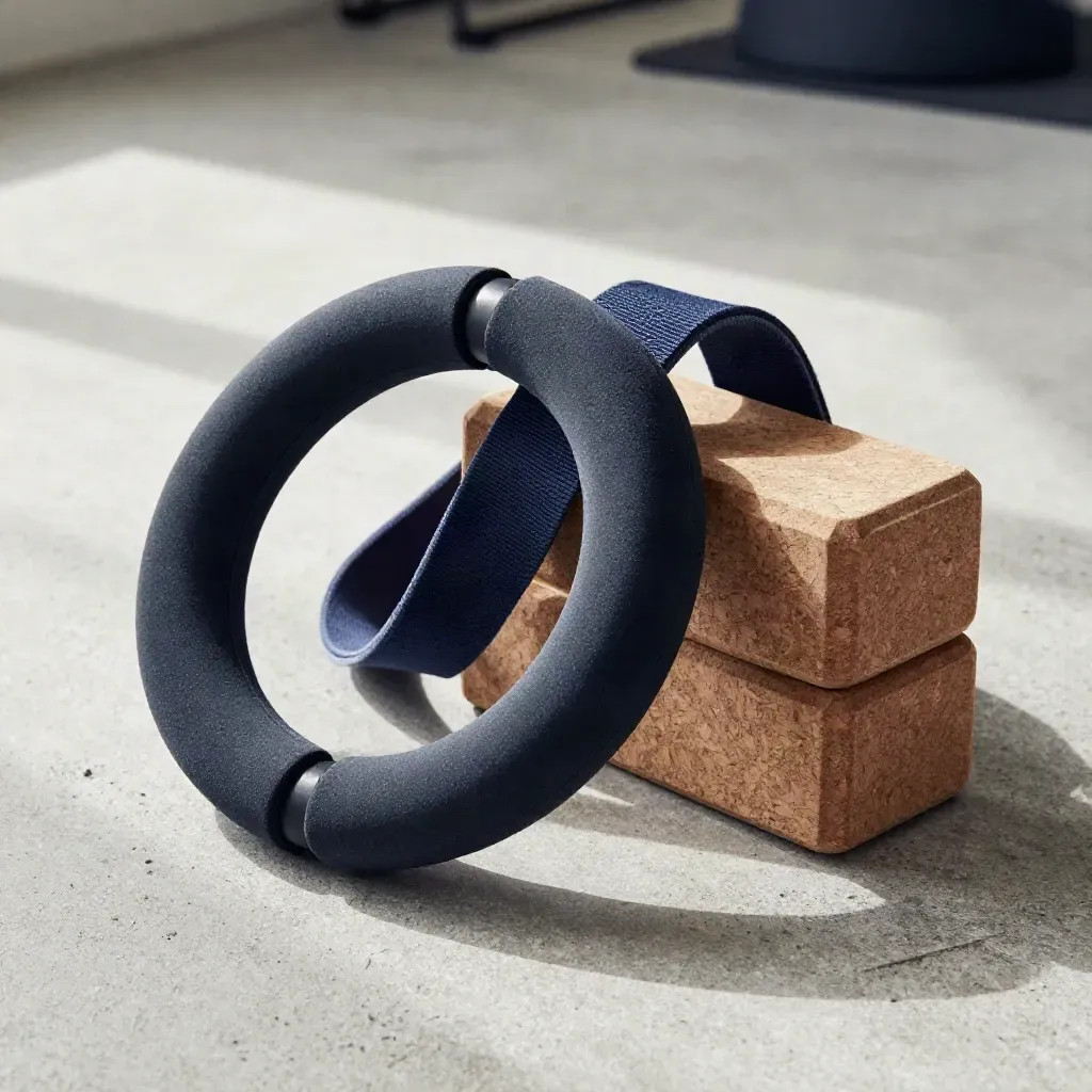 Pilates ring, loop bands, yoga block and balance wedge stacked on pale concrete in soft daylight