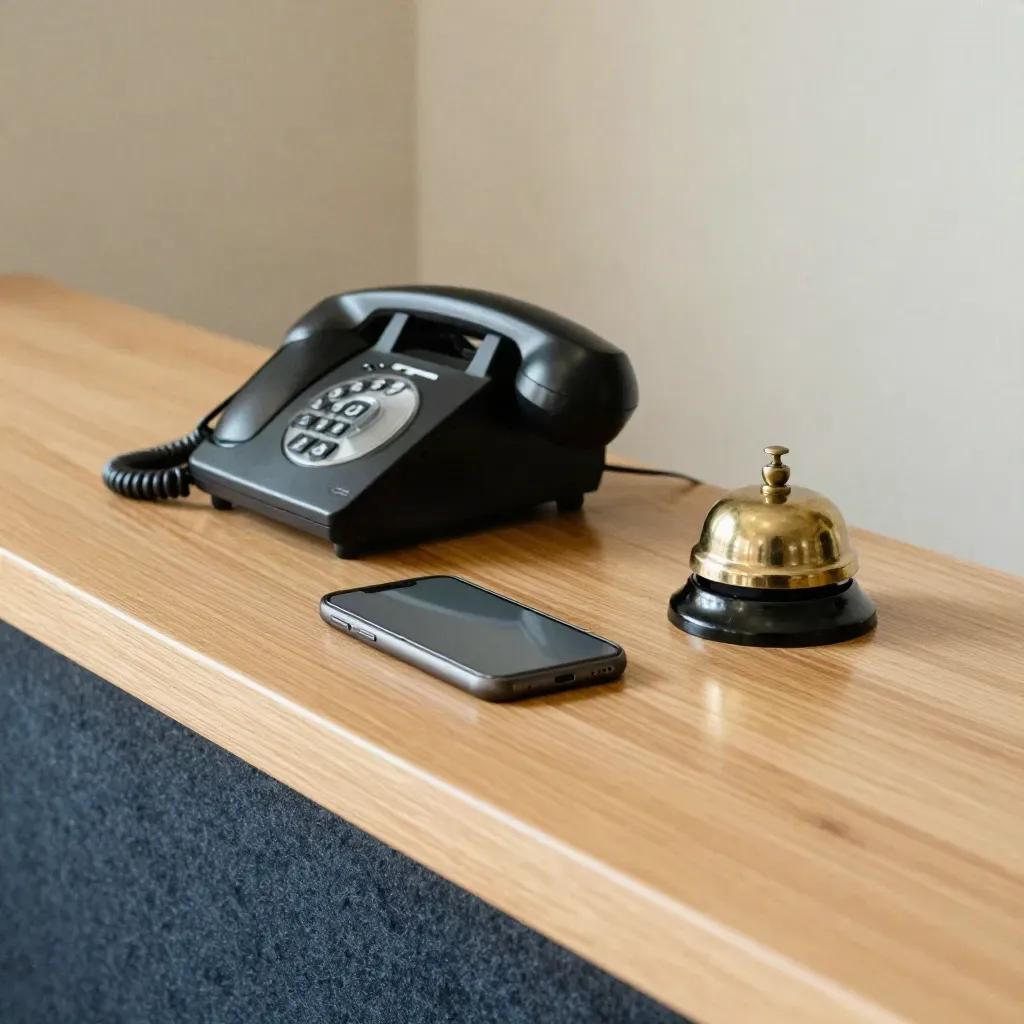 Black desk phone, muted smartphone, and brass bell on pale wood under soft side light.