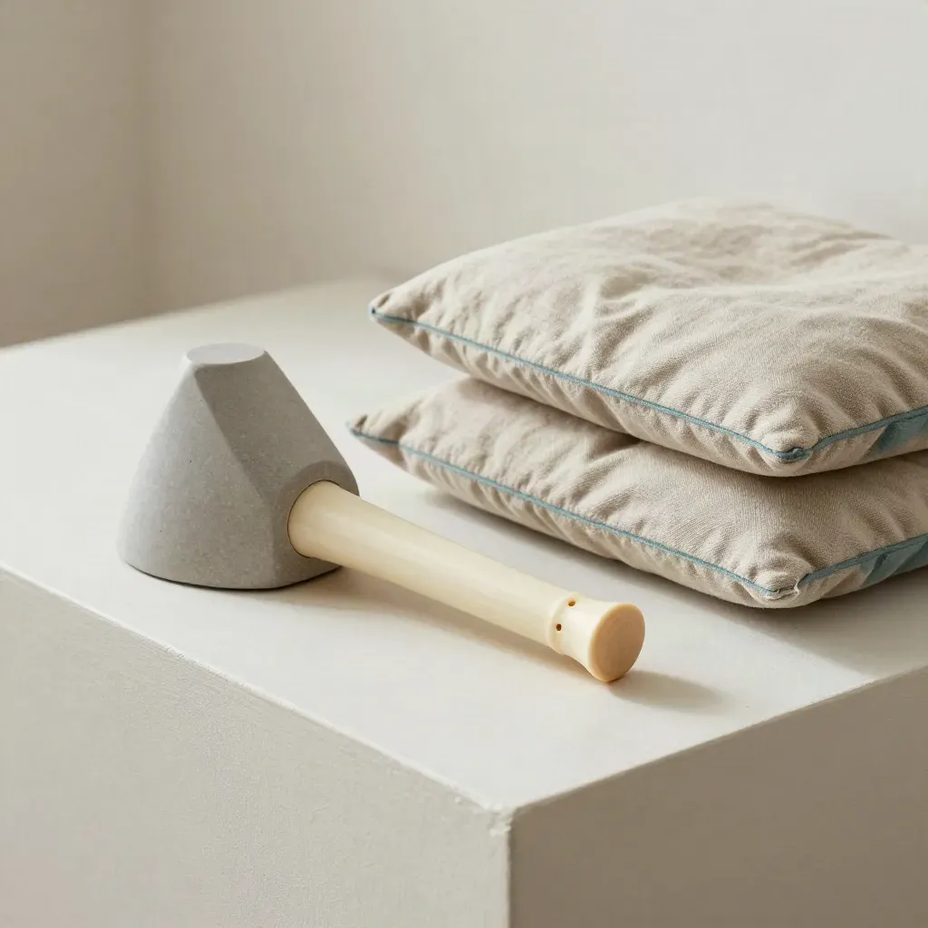 Spine model, posture wedge, and stacked cushions arranged diagonally on a pale clinic surface.