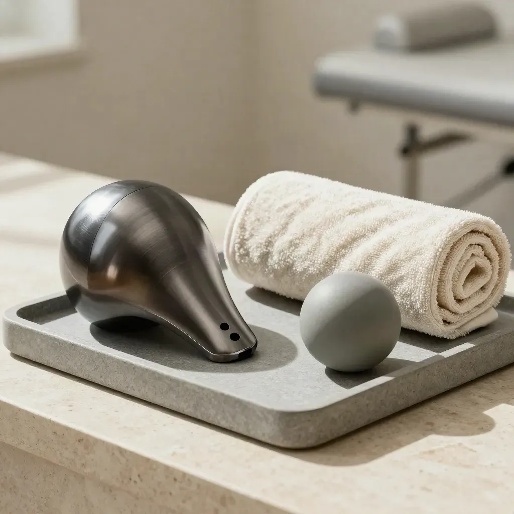 Stone tray with cervical roll, headpiece and therapy ball in soft clinic daylight.