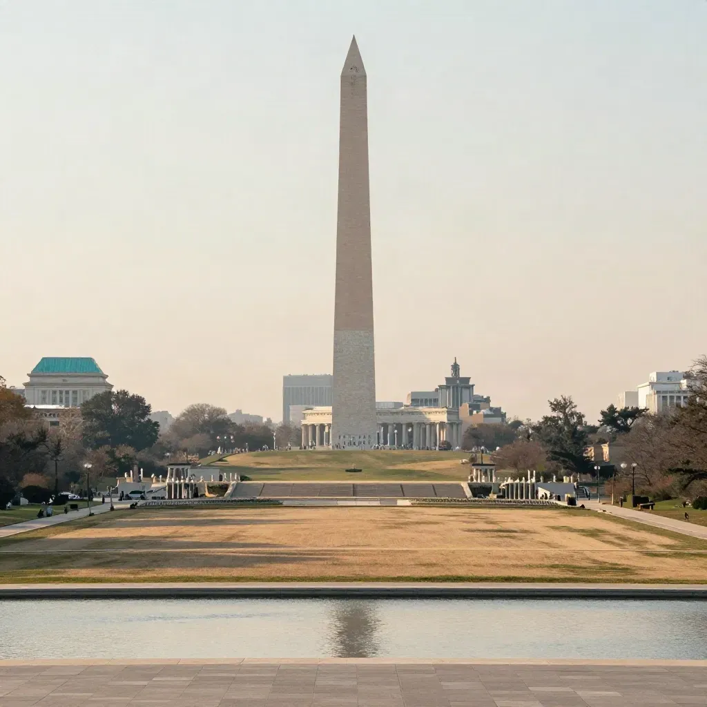 Washington Monument above hazy DC rooftops and calm pale stone terraces in warm light