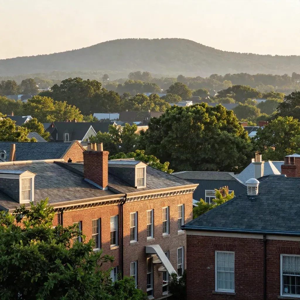 Golden-hour Georgetown rooftops above a hazy leafy canopy and distant ridge.