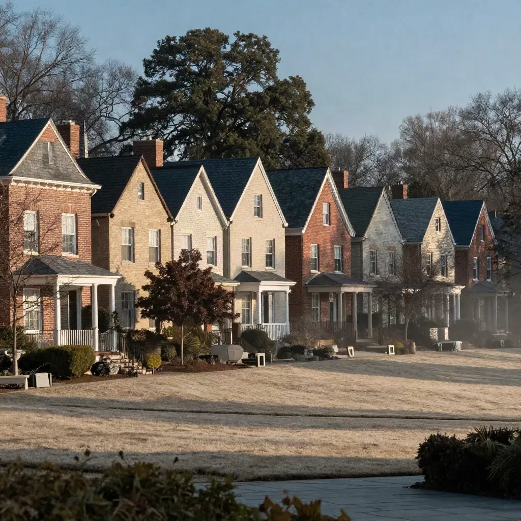 Hazy Bethesda brick homes on a quiet ridge with open space for headline copy.