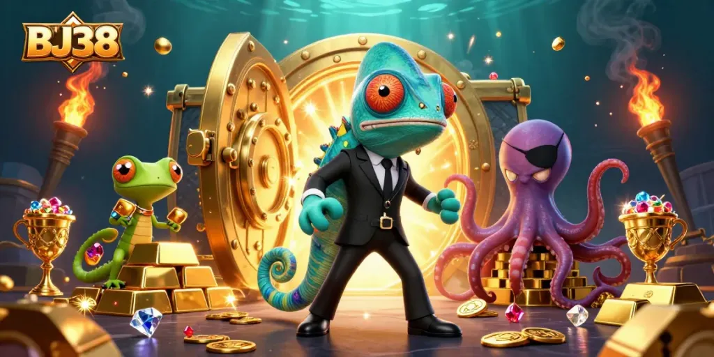 BJ38 showcases a thrilling casino scene with characters and treasures highlighting gaming excitement.