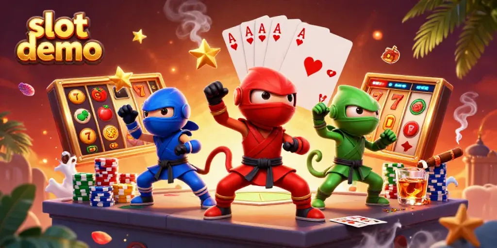 Slot demo: Tim ninja chameleon beraksi dengan gulungan slot dan elemen kasino di latar belakang