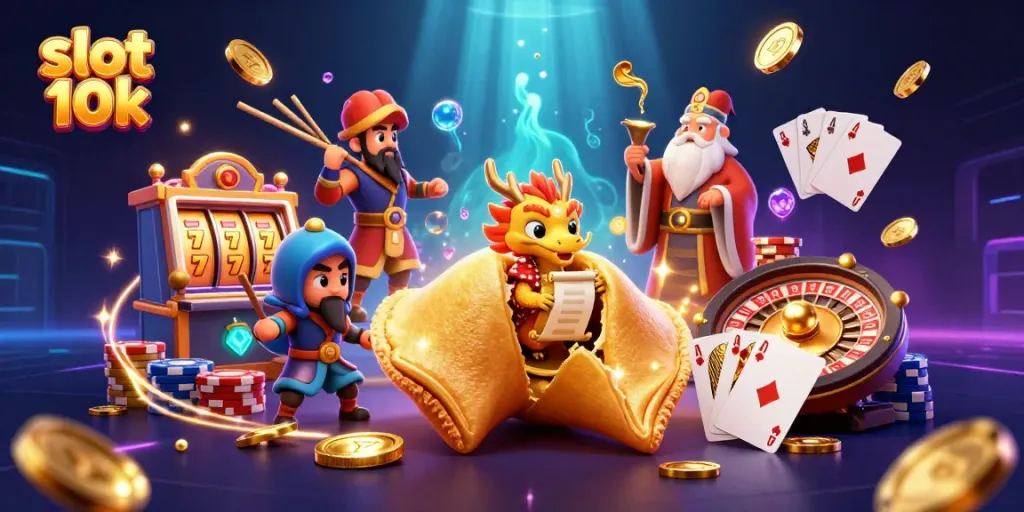 Experience the excitement of slot 10k with a vibrant 3D illustration featuring dynamic casino elements.