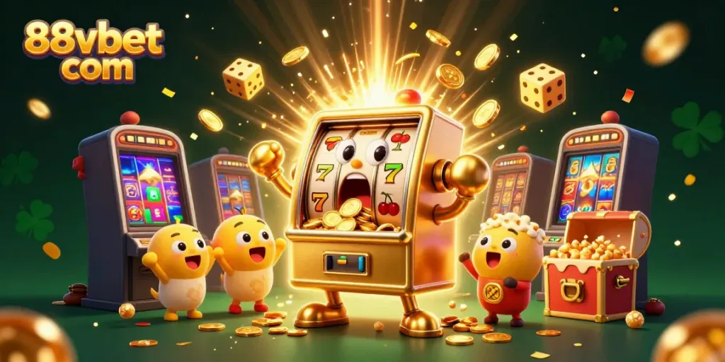 Experience the excitement of 88vbet com with a lively scene of slot machines celebrating a jackpot!