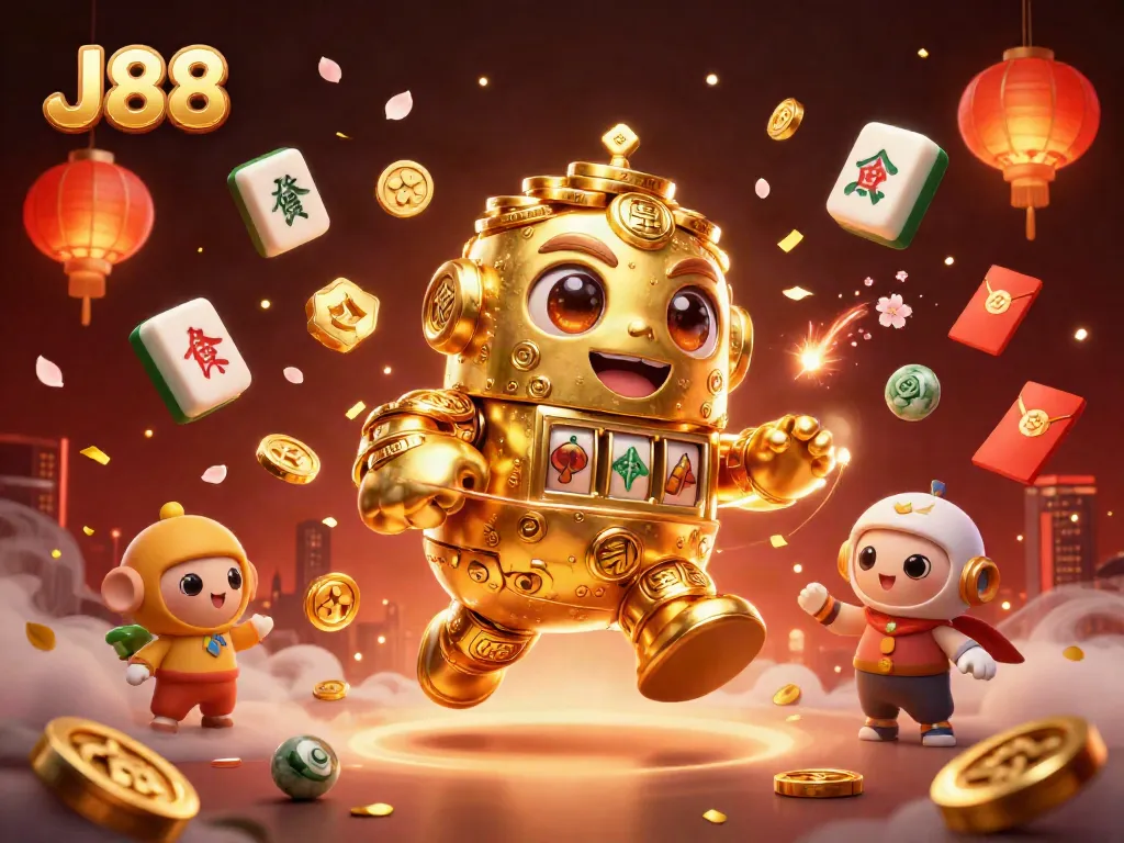 Experience the excitement at J88 with vibrant casino elements and a dynamic golden golem illustration.