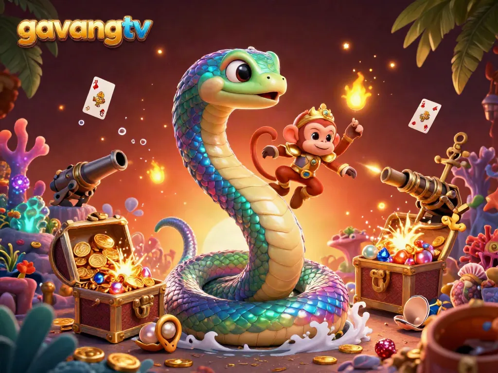 Experience thrilling action with gavangtv in a vibrant casino scene filled with treasures and animated characters.