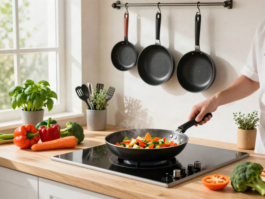 A chef showcasing non-stick cookware price in Bangladesh while preparing a vegetable stir-fry in a bright kitchen.