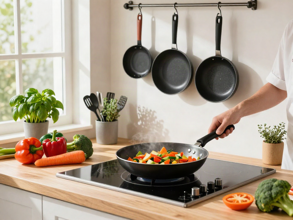 A chef showcasing non-stick cookware price in Bangladesh while preparing a vegetable stir-fry in a bright kitchen.