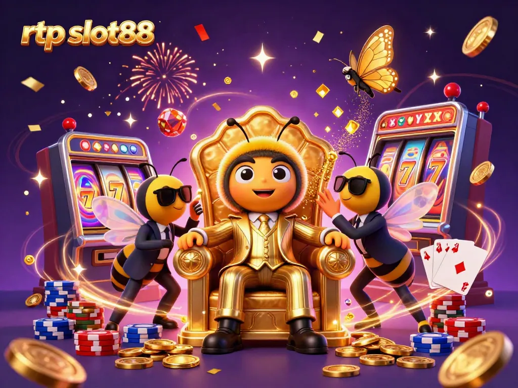 Melibatkan rtp slot88, ilustrasi 3D bertema kasino menampilkan kesibukan dengan slot mesin dan bumblebee bos mob.