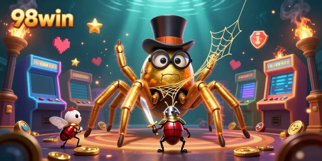 Experience the excitement of 98win with a giant tarantula and game-themed elements in this vibrant casino scene.